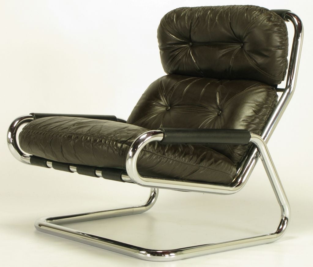 Pair Directional Chrome & Leather Lounge Chairs With Ottoman 4