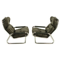 Pair Directional Chrome & Leather Lounge Chairs With Ottoman