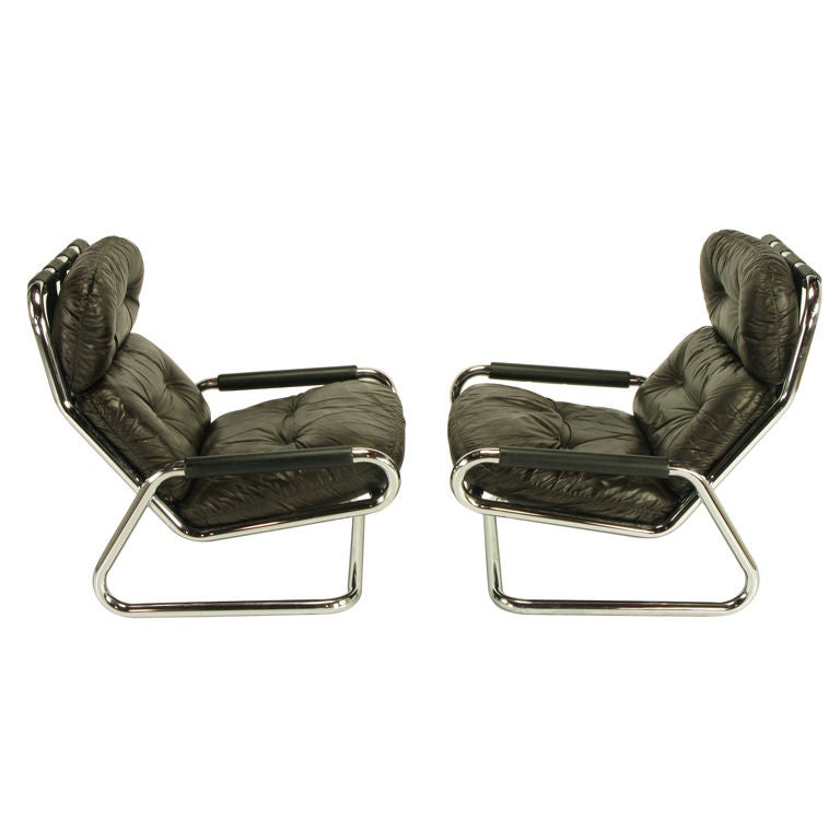 Pair Directional Chrome & Leather Lounge Chairs With Ottoman
