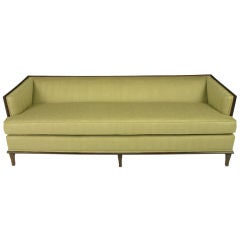 Sleek Mahogany  Even-Arm Sofa In Sage Herringbone