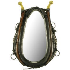 Mirror In Black Leather Horse Collar With Wood & Brass Hames