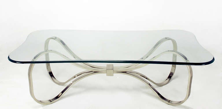 American Unusual Chrome Ribbon & Bow Glass Top Coffee Table