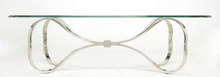 Unusual Chrome Ribbon & Bow Glass Top Coffee Table