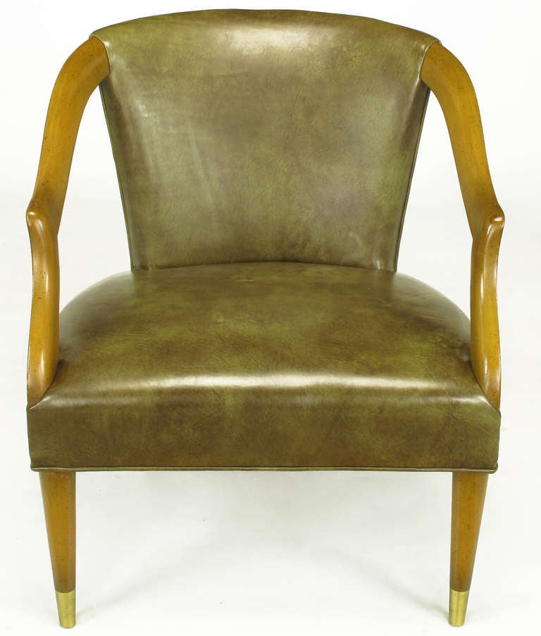 American Pair Cocheo Maple Wood & Olive Glazed Leather Open Arm Chairs.
