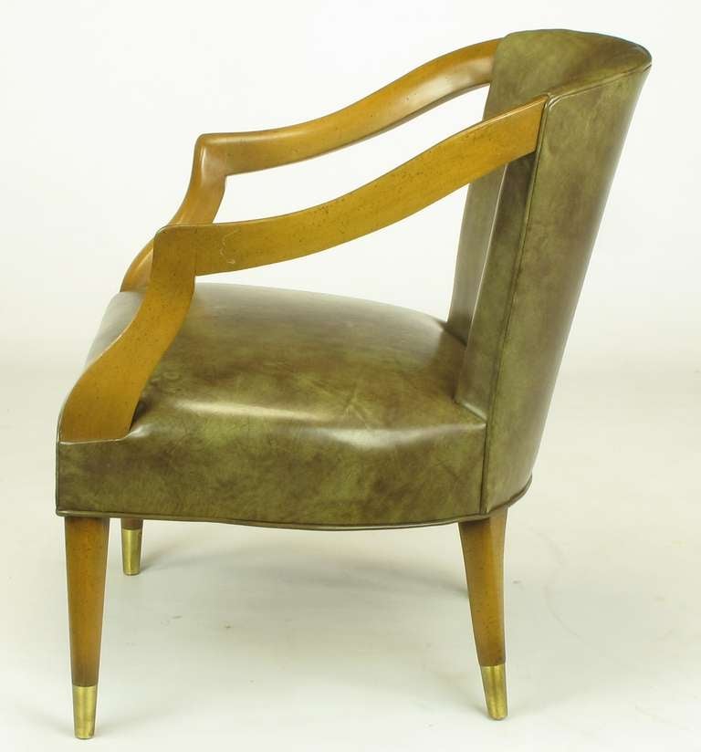 Mid-20th Century Pair Cocheo Maple Wood & Olive Glazed Leather Open Arm Chairs.
