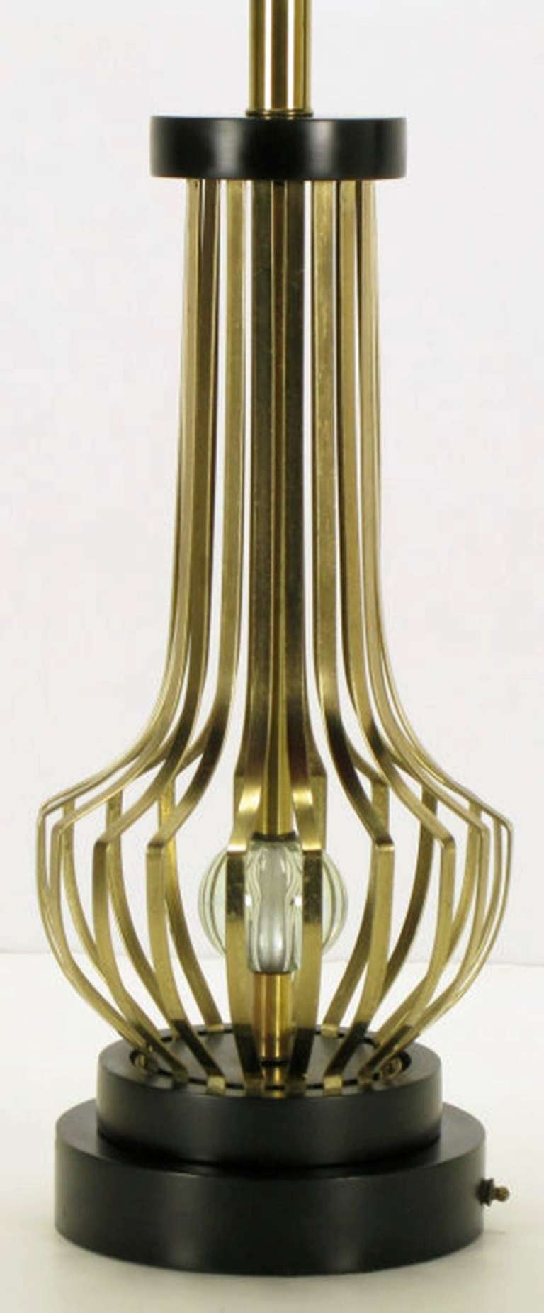 Pair Rembrandt Brass Open Rib Table Lamps With Crystal Ball Centers In Excellent Condition In Chicago, IL