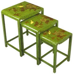 Three Embossed & Parcel Gilt Rich Jade Green Nesting Tables