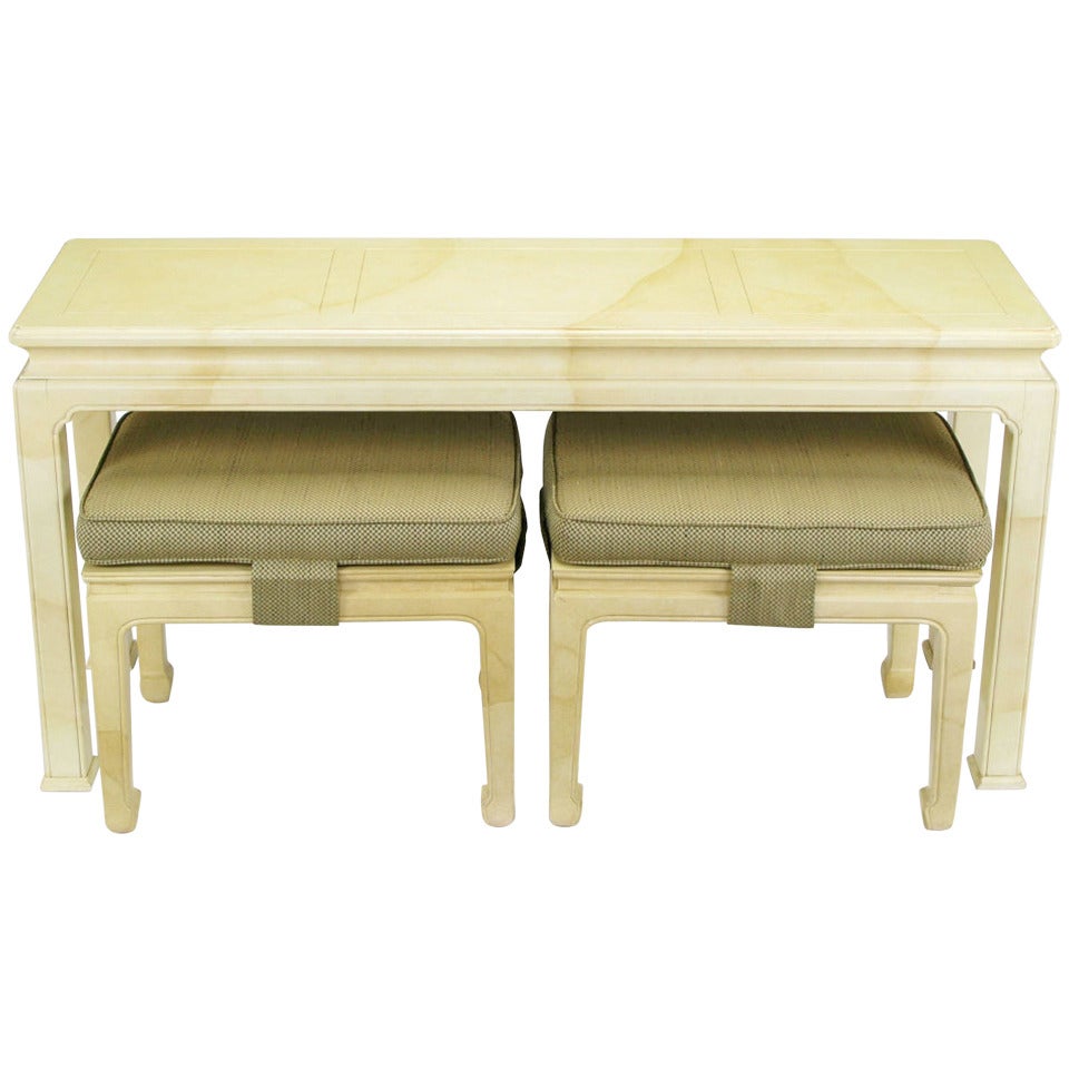 Henredon Goatskin Lacquer Chinoiserie Console and Benches