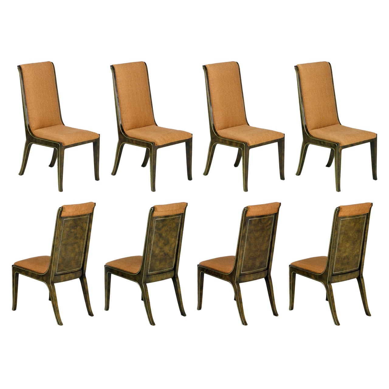 Eight Mastercraft Amboyna Burl and Brass Dining Chairs