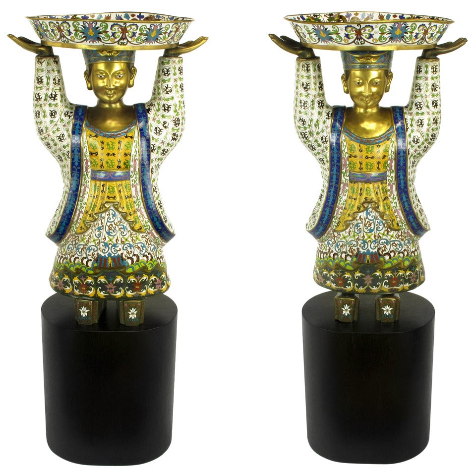 Pair of Rare and Palatial, Cloisonne Vessel-Bearing Figures