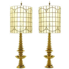 Pair of Brass Art Deco, Stacked Discs Table Lamps with Capiz Shell Shades 10