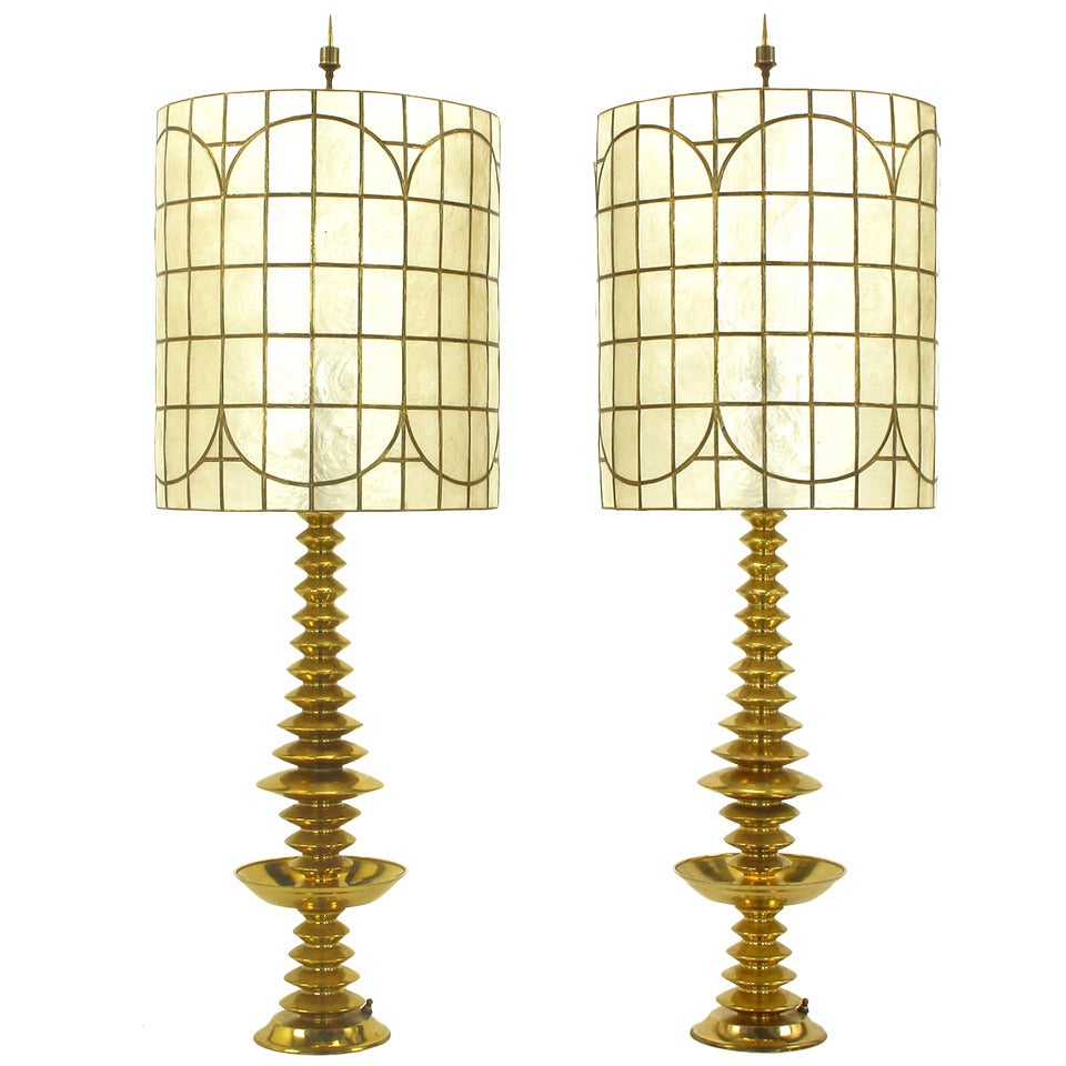 Pair of Brass Art Deco, Stacked Discs Table Lamps with Capiz Shell Shades