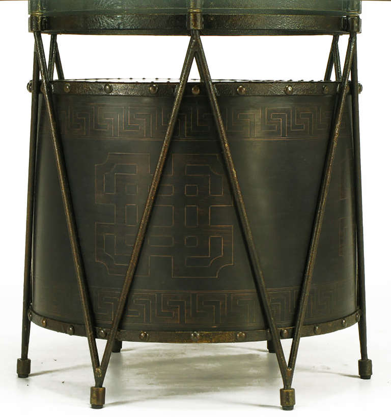 Bronze Drum-Form Games or Dining Table Base with Greek Key Design In Good Condition For Sale In Chicago, IL