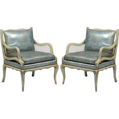 Vintage Pair of 1940s Carved and Lacquered Lounge Chairs with Blue Leather Upholstery