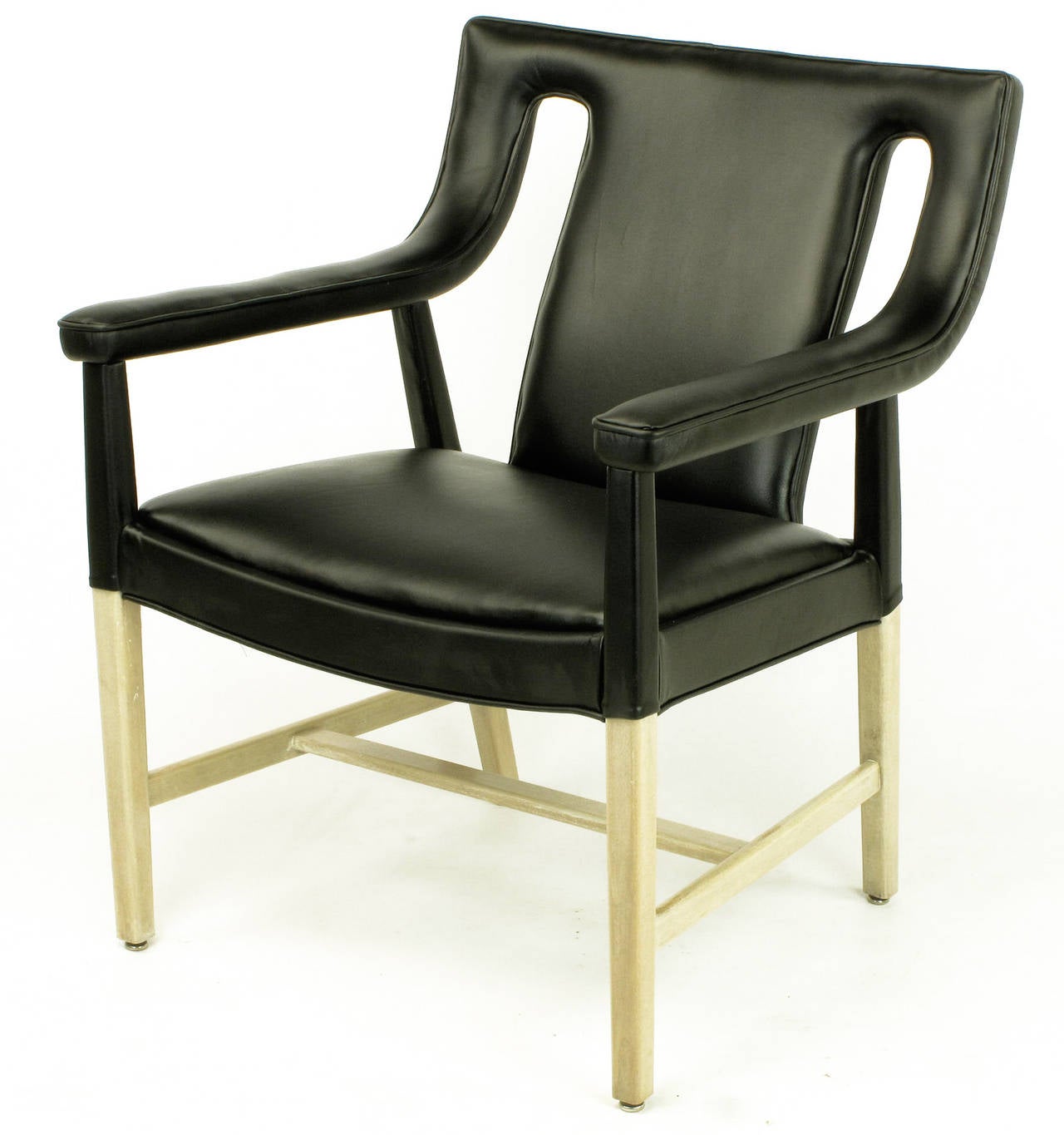 Pair of Rare John Widdicomb Black Leather & Bent Bleached Mahogany Lounge Chairs In Excellent Condition In Chicago, IL