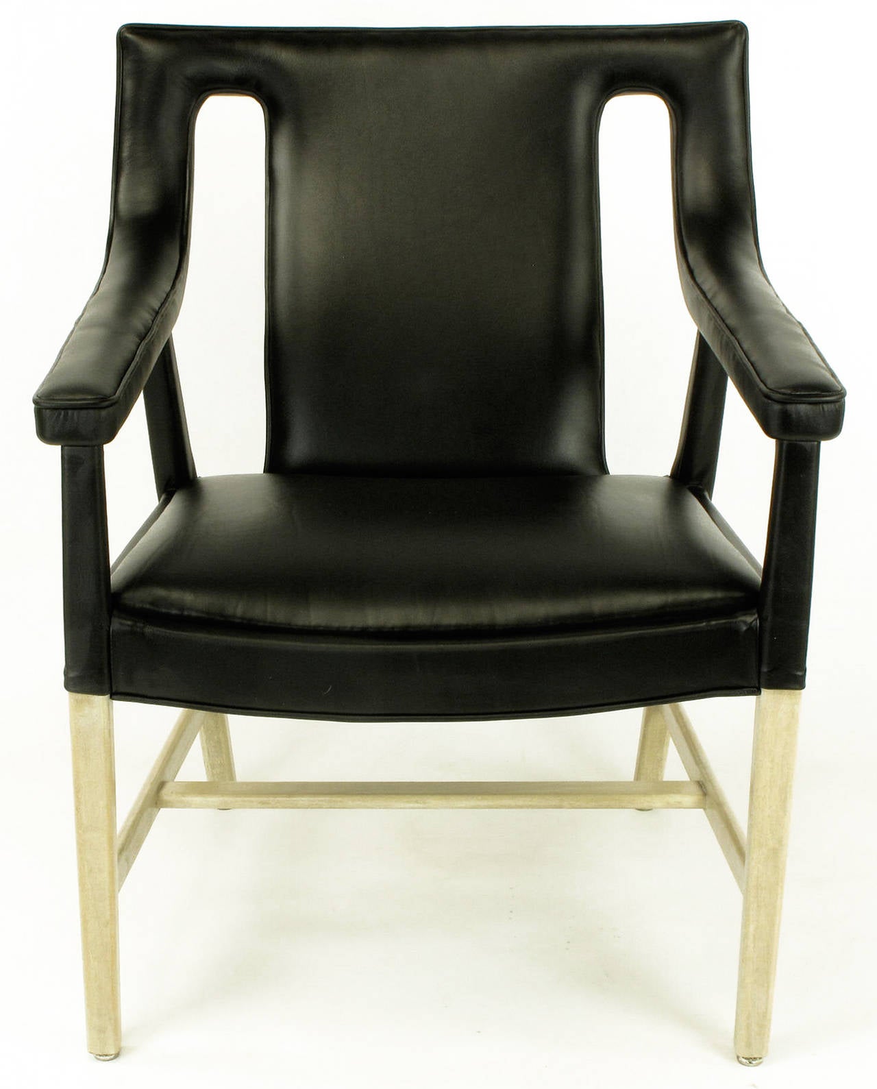 American Pair of Rare John Widdicomb Black Leather & Bent Bleached Mahogany Lounge Chairs