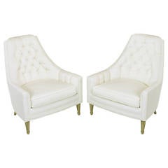 Pair of Elegant High Back Button Tufted White Linen Lounge Chairs 1