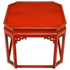 Glazed Cinnabar Lacquered Chinoiserie Canted Corner Side Table