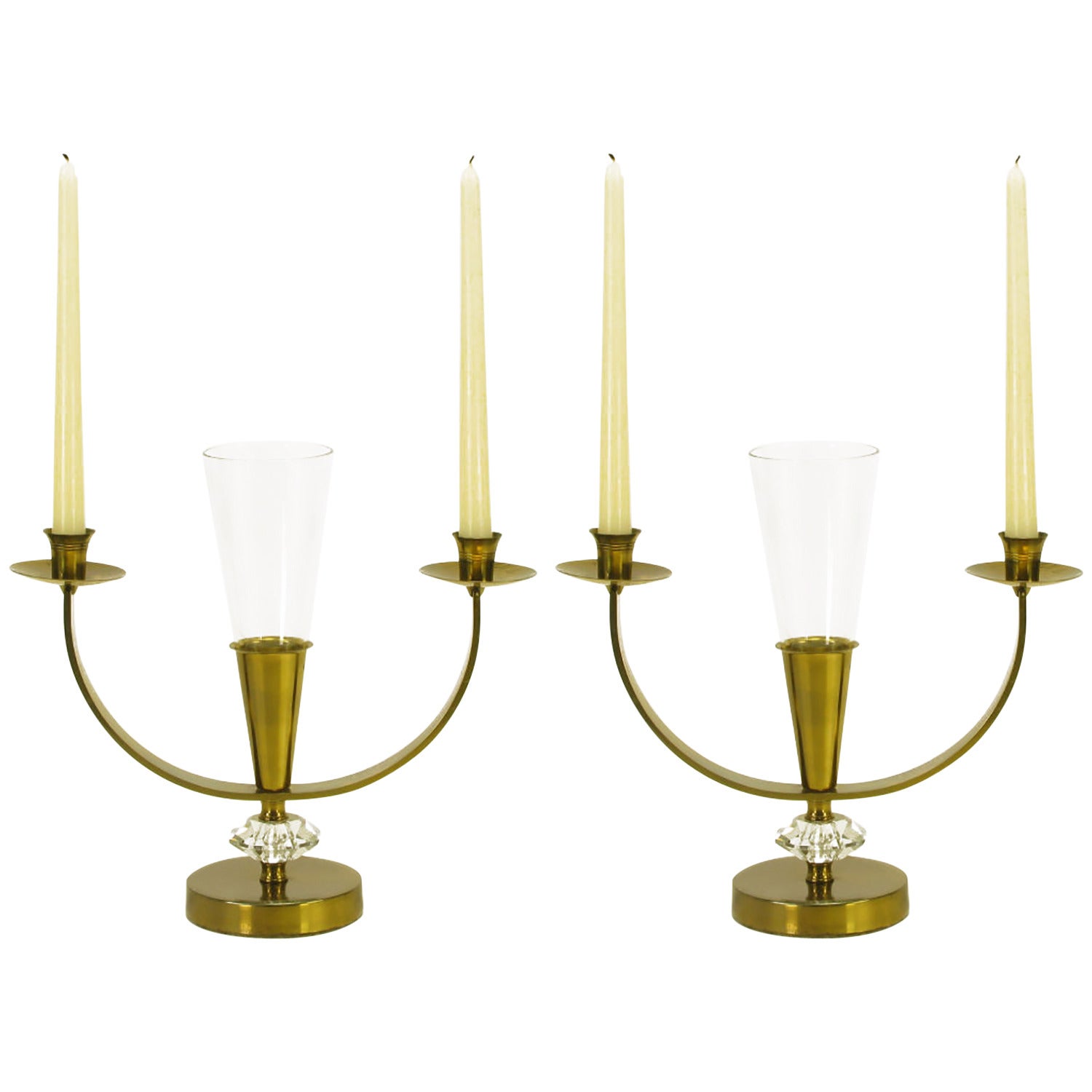 Pair of Brass and Crystal Candelabra For Sale