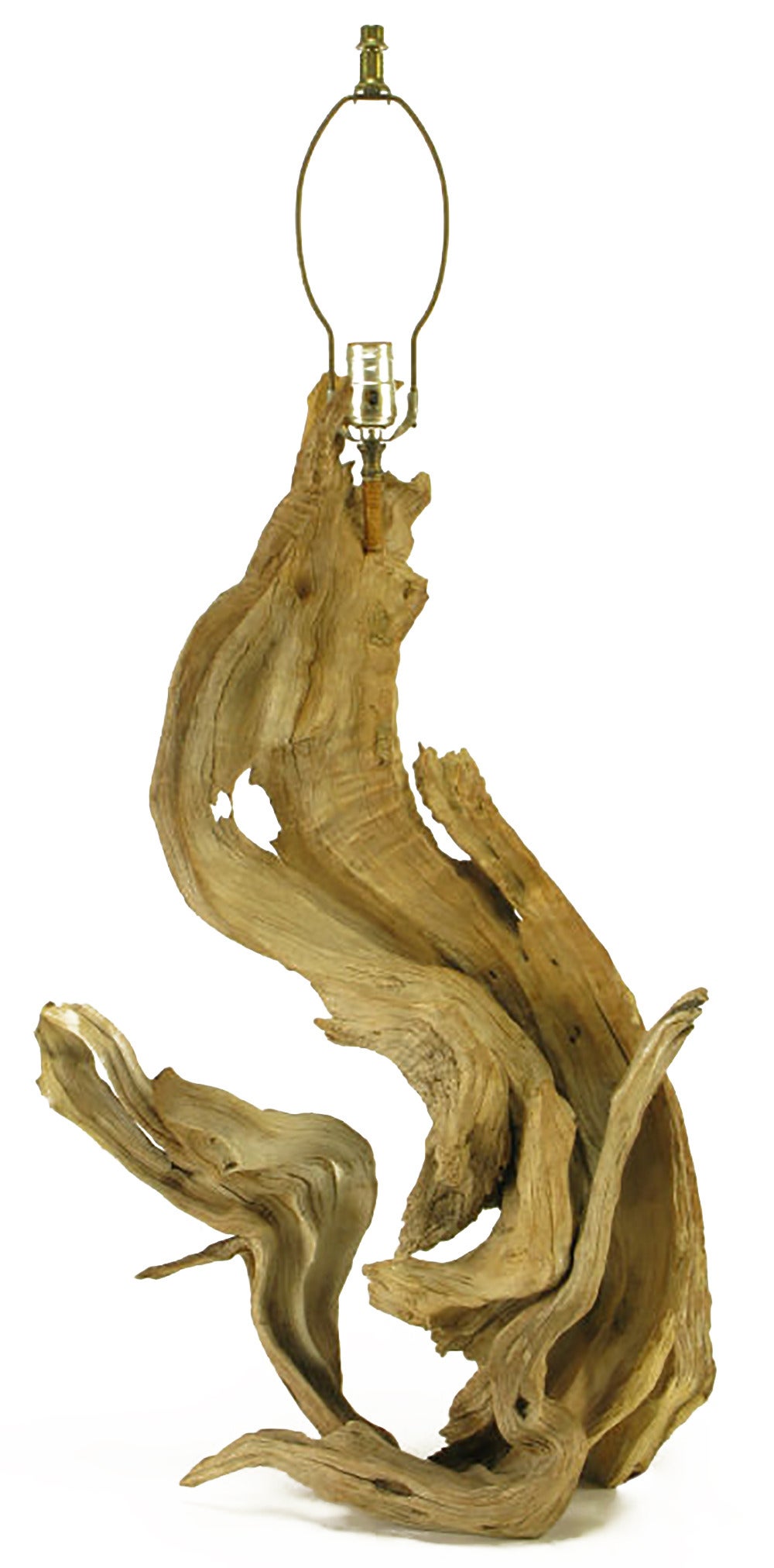 Natural S-shaped driftwood table lamp, sculpted by the winds and water of the ocean. Sold sans shade.