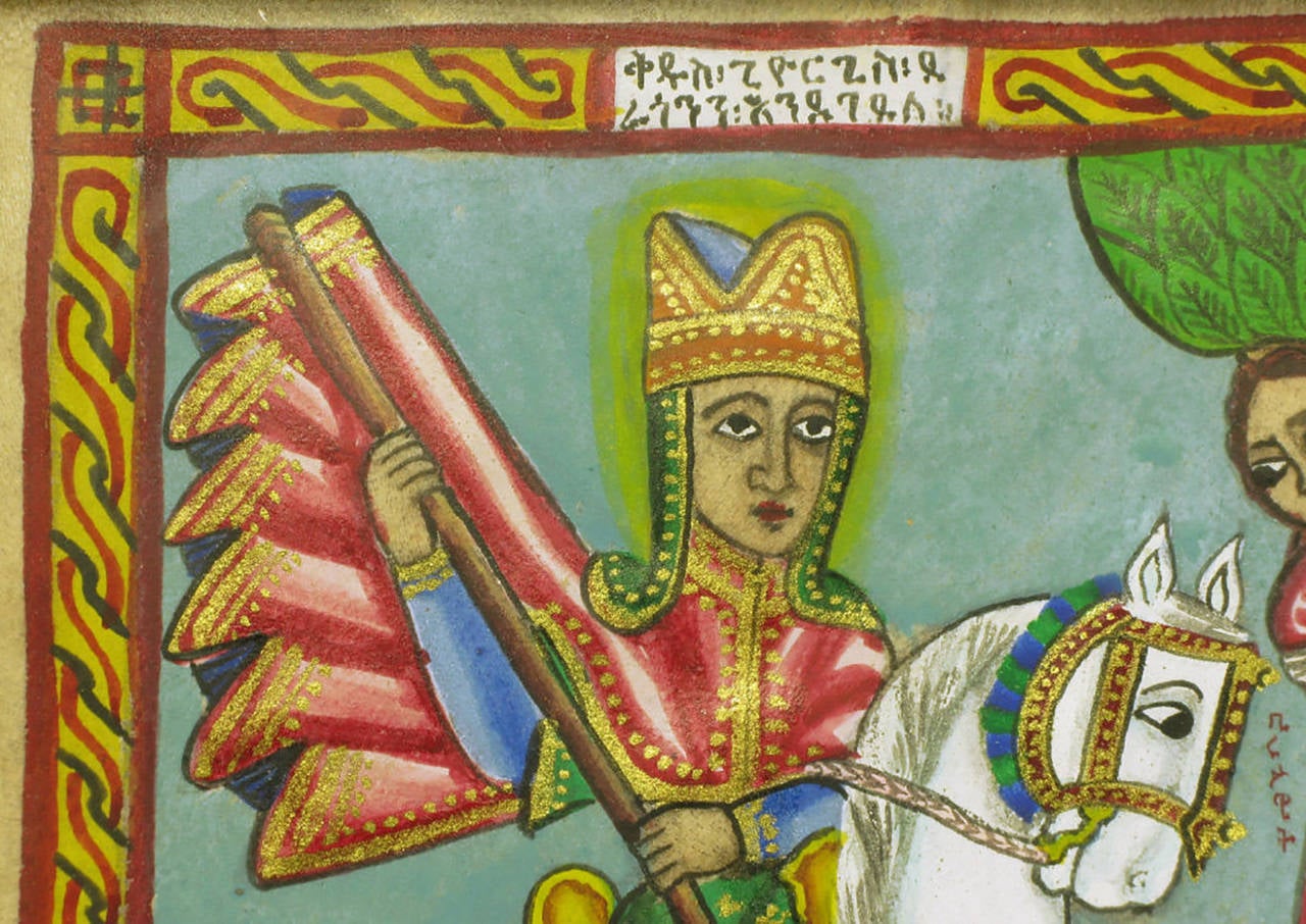 Saint George Gouache & Watercolor By Ethiopian Artist Tadesse Wolde Aregay In Excellent Condition In Chicago, IL