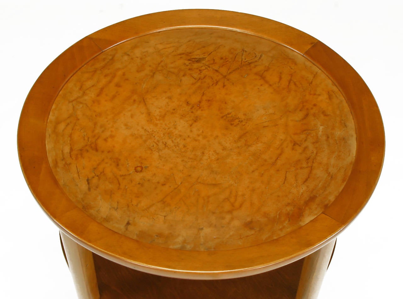 1940s Round Two-Tier Maple Side Table with Buffalo Leather Inlay In Good Condition For Sale In Chicago, IL