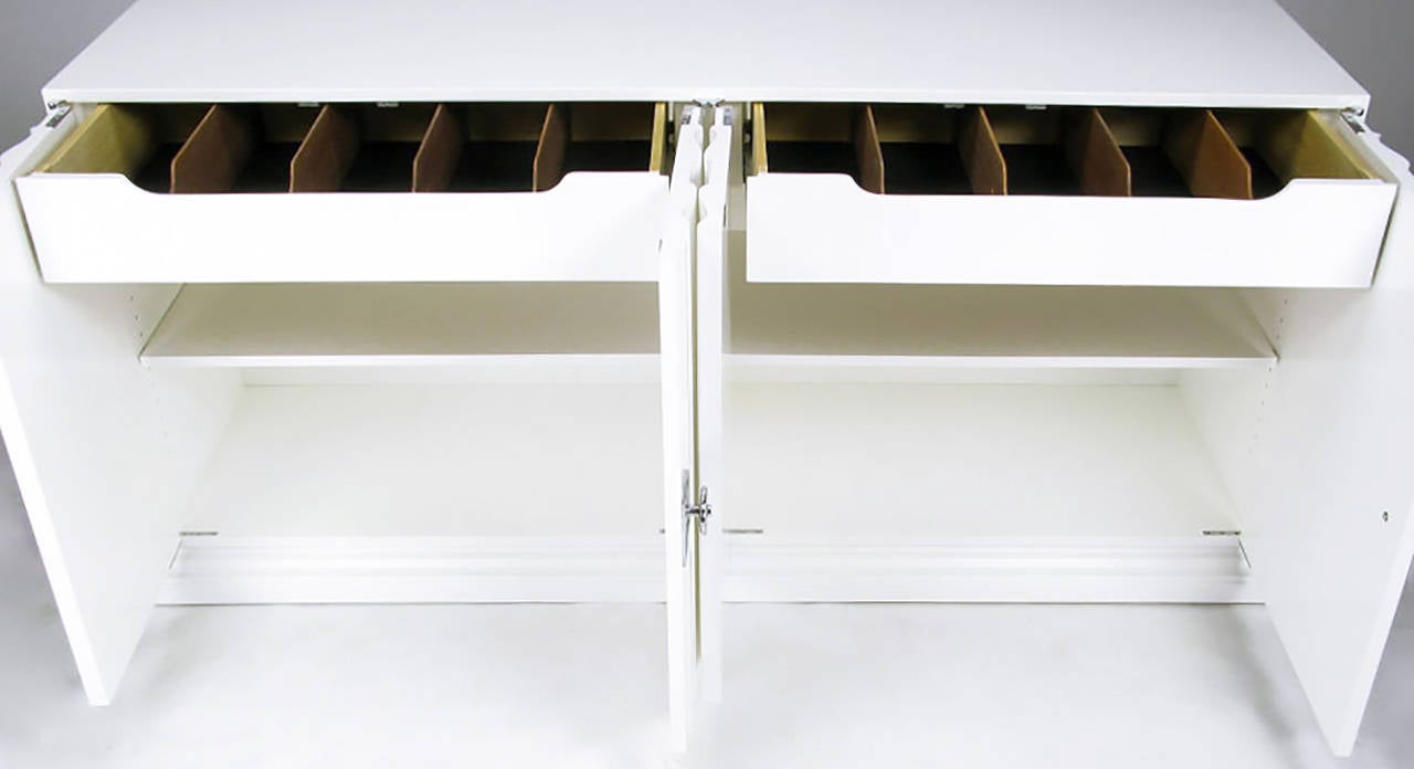 Pair of Custom White Lacquer Linen Fold Cabinets In Excellent Condition In Chicago, IL