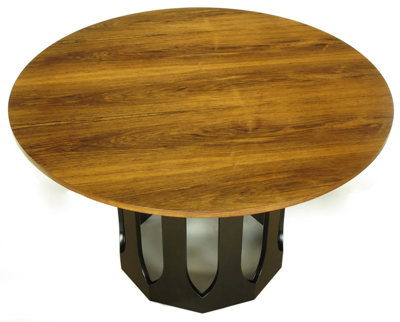 Harvey Probber round game table with an open decagon Moorish style dark chocolate lacquered base and beautifully grained rosewood top. This would also make an excellent center table.
Overhang from edge to center is 10.5