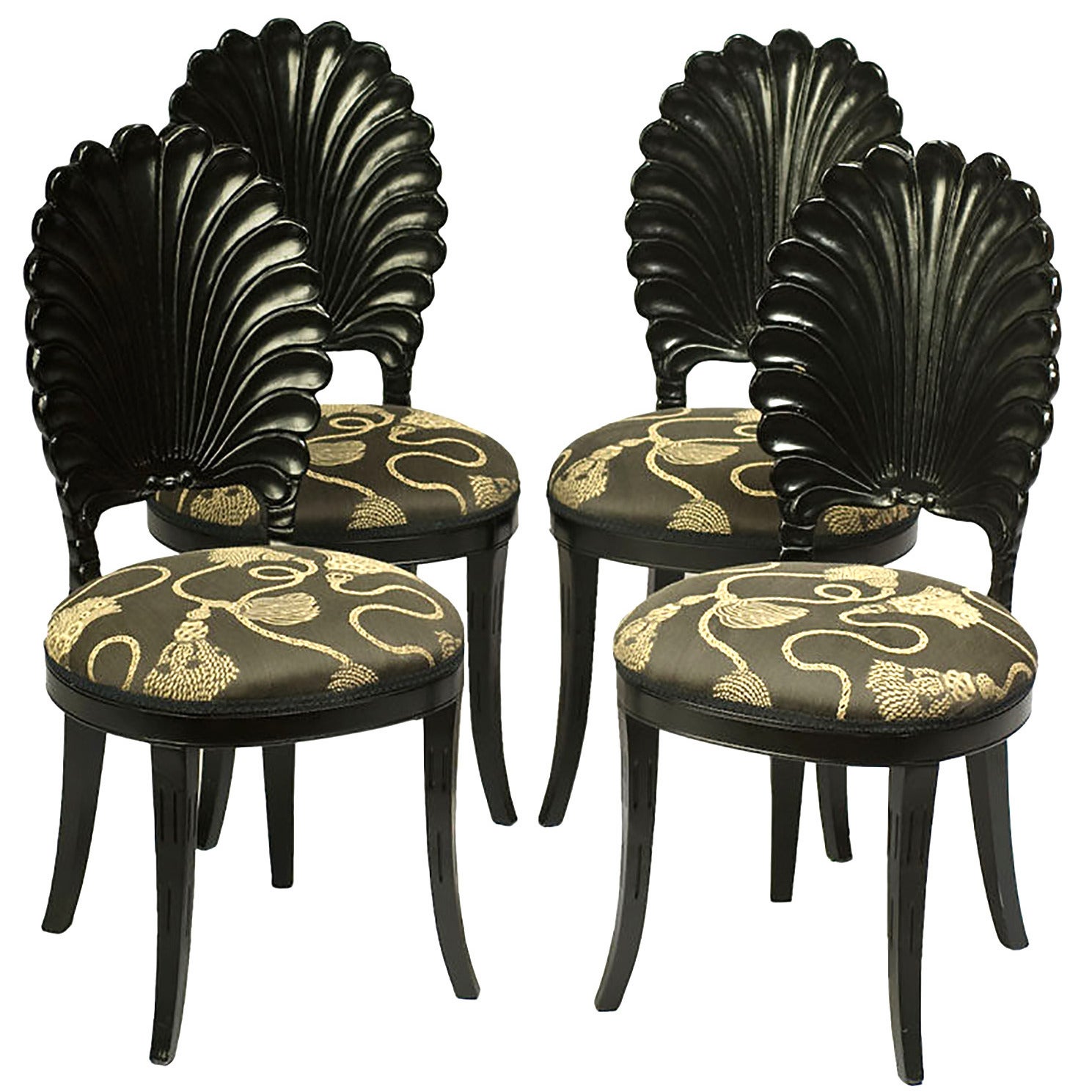 Set of Four Ebonized Wood Venetian Grotto Chairs