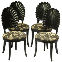 Set of Four Ebonized Wood Venetian Grotto Chairs