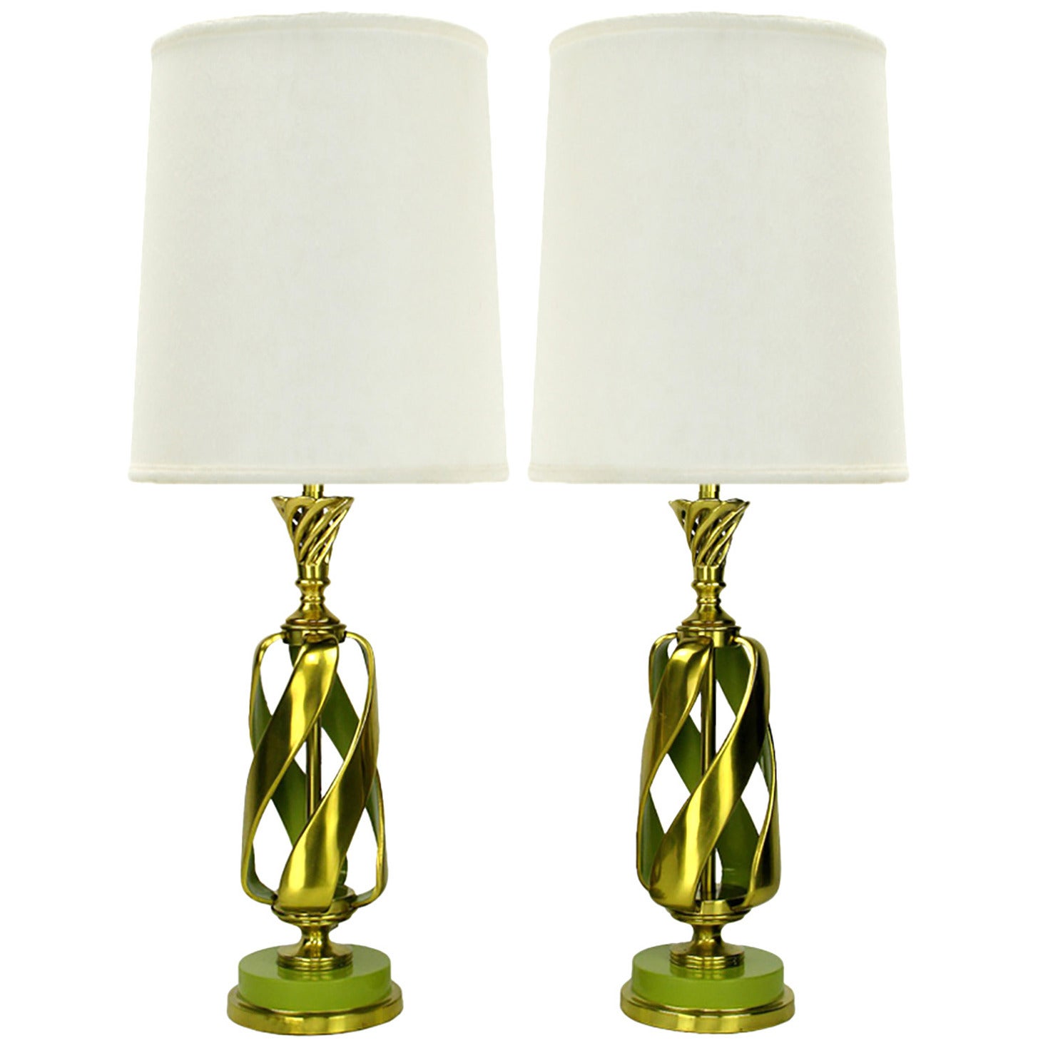 Pair of Rembrandt Stylized Pineapple Form Brass & Chartreuse Lacquer Table Lamps For Sale