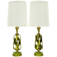 Vintage Pair of Rembrandt Stylized Pineapple Form Brass & Chartreuse Lacquer Table Lamps