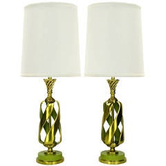 Pair of Rembrandt Stylized Pineapple Form Brass & Chartreuse Lacquer Table Lamps 10