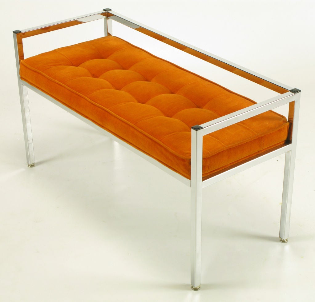Mid-20th Century Chrome Bench With Tangerine Button Tufted Upholstery
