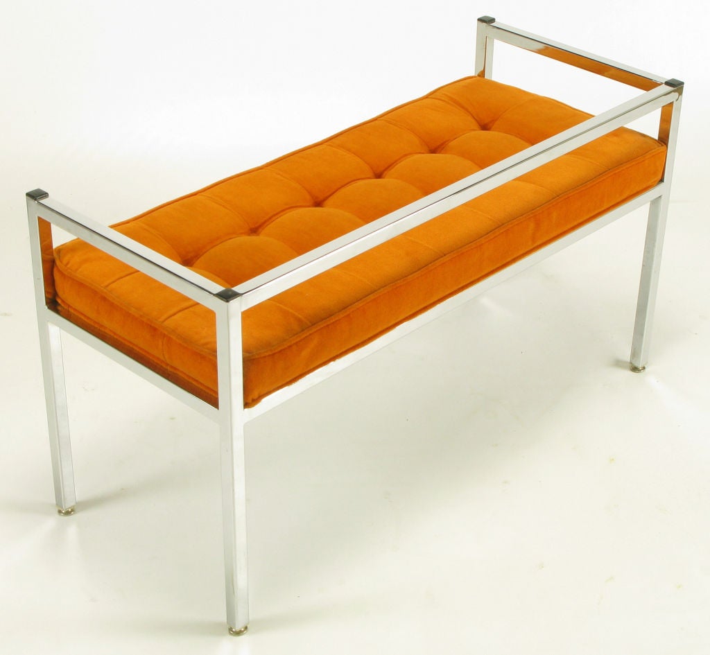 Chrome Bench With Tangerine Button Tufted Upholstery 2
