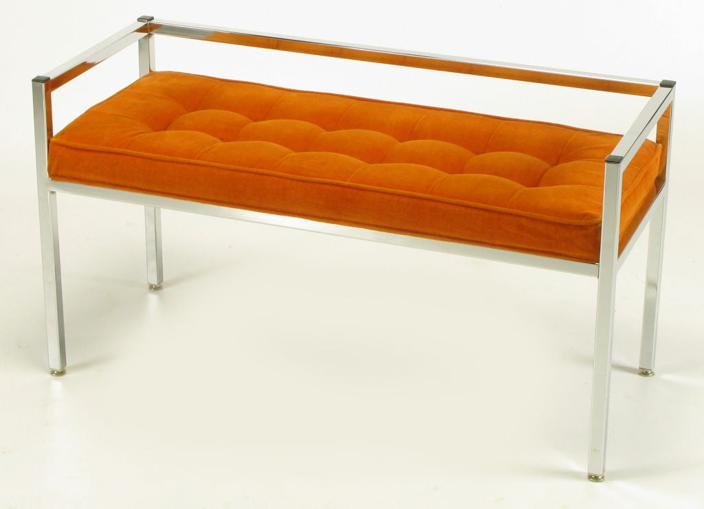 American Chrome Bench With Tangerine Button Tufted Upholstery