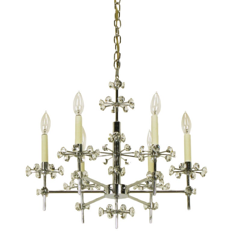1960s Six-Arm Crystal Bedecked Chrome Chandelier