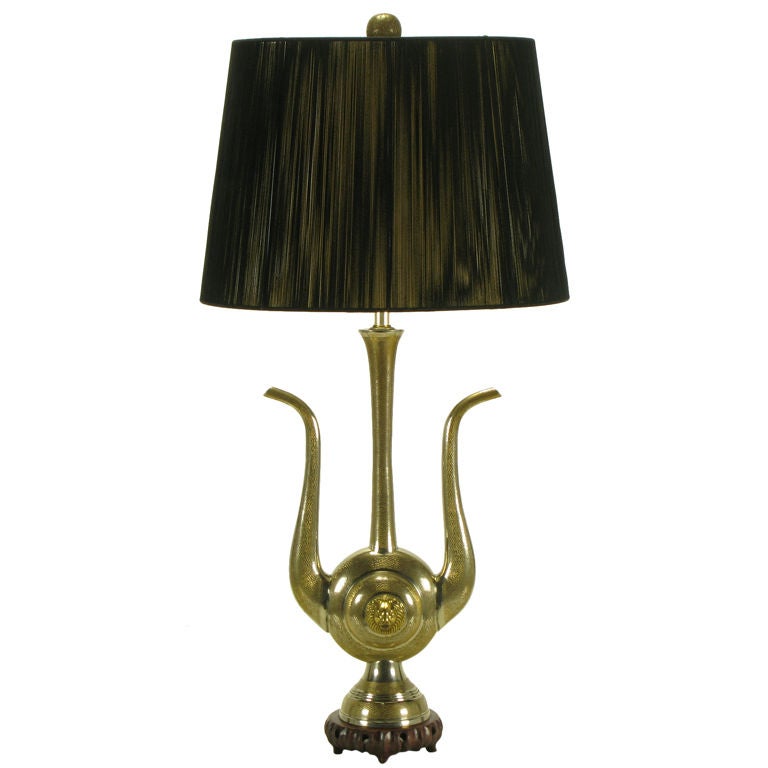 Etched Nickel Over Brass Lion's Head Vessel Table Lamp For Sale