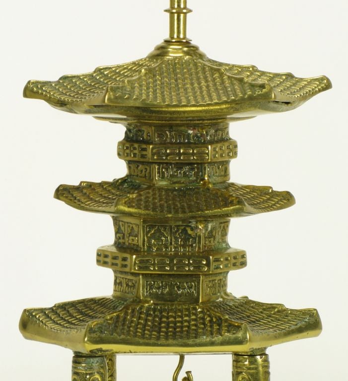Chinese Brass Pagoda Temple Table Lamp With Hanging Bell
