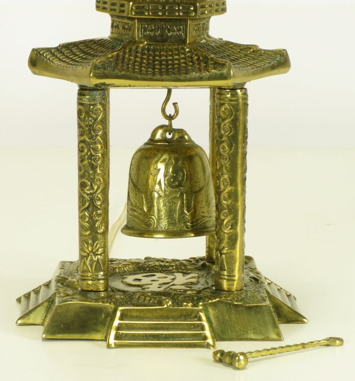Mid-20th Century Brass Pagoda Temple Table Lamp With Hanging Bell