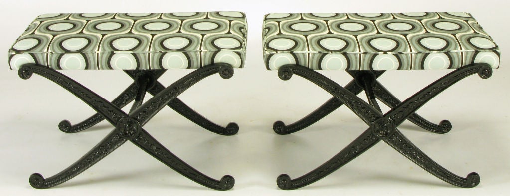 Pair Palladio Italian Black Lacquer X-Base Benches