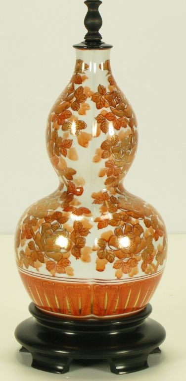 Carved Hand Painted Persimmon Peonies & Parcel Gilt Table Lamp For Sale