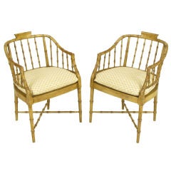 Vintage Pair Baker Glazed Lacquer Bamboo Form Armchairs
