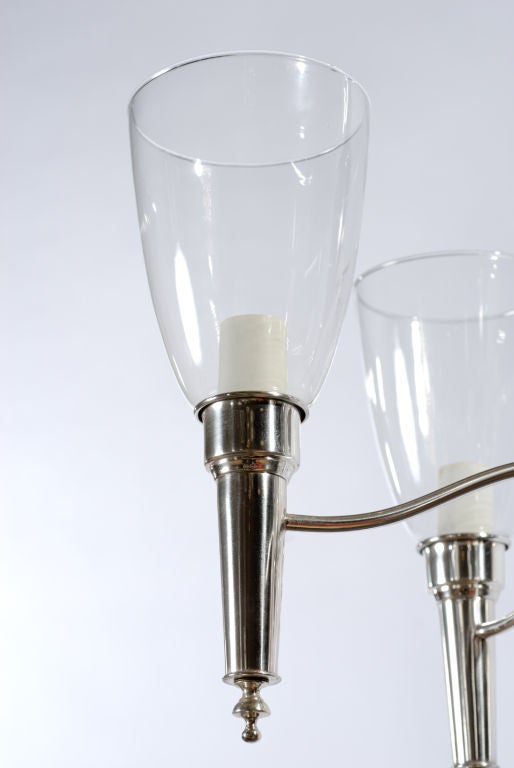 Elegant 1940s Nickel Chandelier With Hurricane Shades