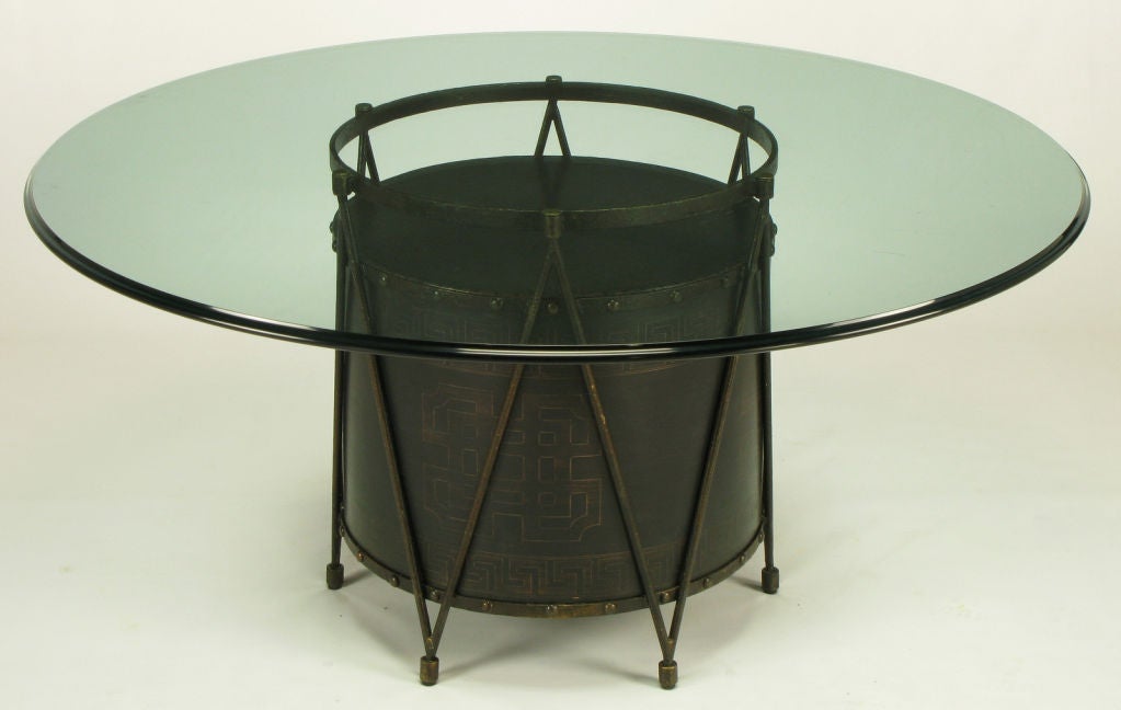 Bronze Drum-Form Table Base With Greek Key Design
