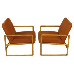 Pair Ward Bennett Ash & Umber Wool Sled Lounge Chairs