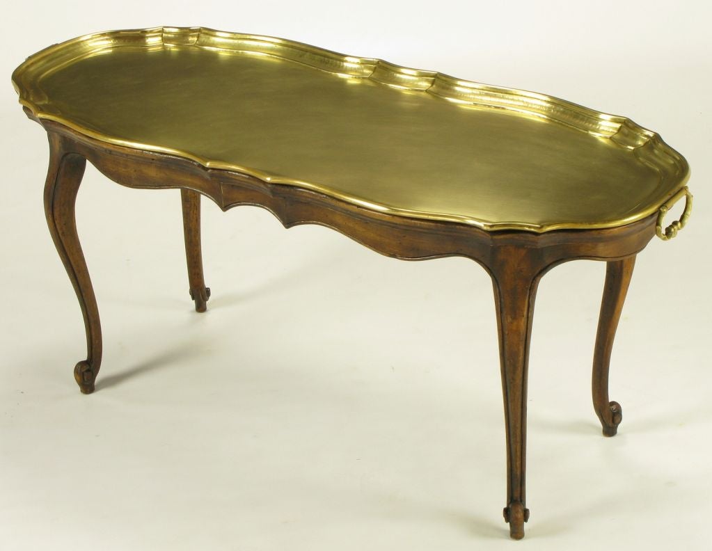Walnut Yale Burge Louis XV Style Coffee Table With Solid Brass Tray