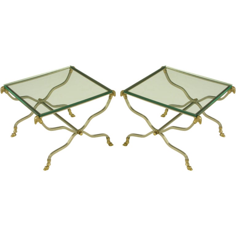 Pair 1940s Italian Steel 
Brass Ram
s Head 
Hoof Tables