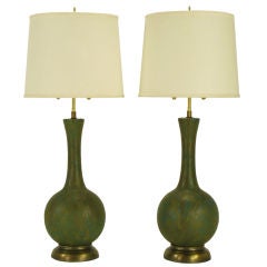 Pair Gourd Form Olive & Blue Abstract Glazed Table lamps