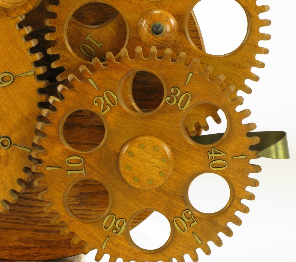 American Brass & Carved Wood Gears Mantel Clock.